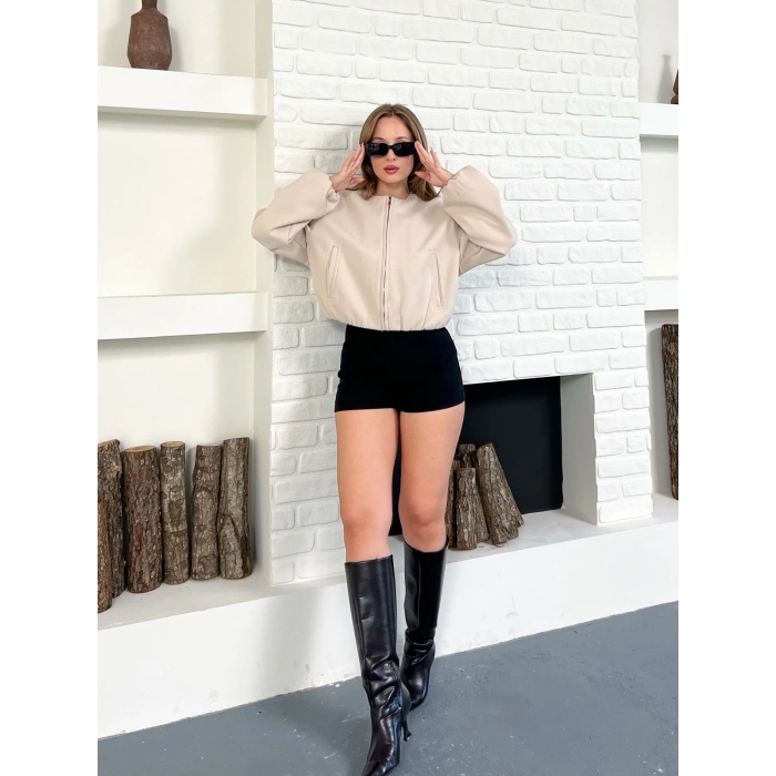 Cep Detaylı Kısa Kaşe Ceket Vizon