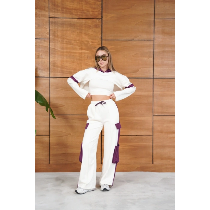 Cep Detaylı Özel Tasarım Eşofman Takımı Beyaz - Mor