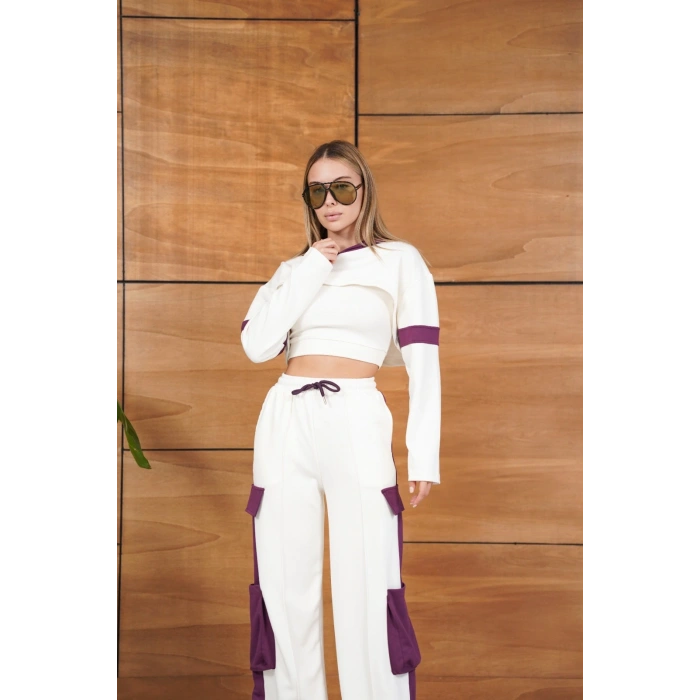 Cep Detaylı Özel Tasarım Eşofman Takımı Beyaz - Mor