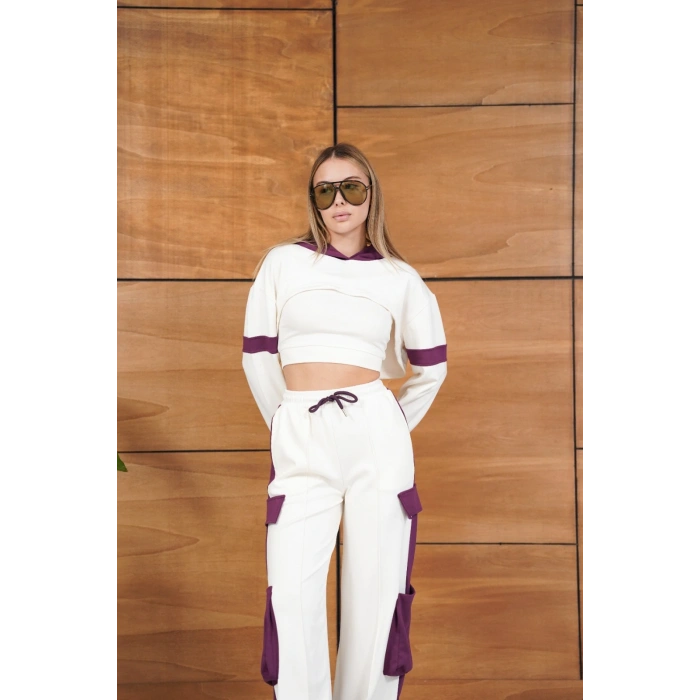 Cep Detaylı Özel Tasarım Eşofman Takımı Beyaz - Mor