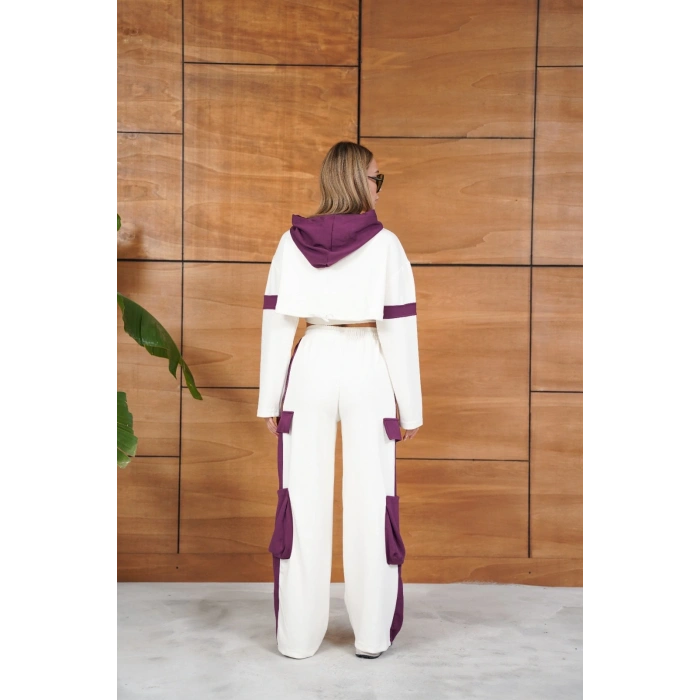 Cep Detaylı Özel Tasarım Eşofman Takımı Beyaz - Mor