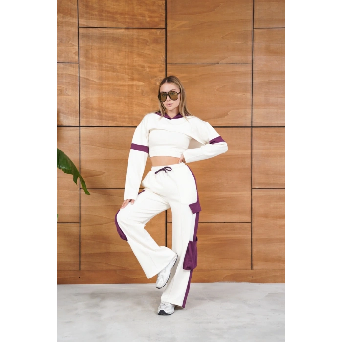 Cep Detaylı Özel Tasarım Eşofman Takımı Beyaz - Mor