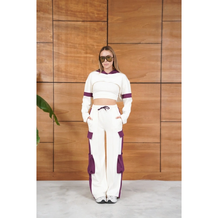 Cep Detaylı Özel Tasarım Eşofman Takımı Beyaz - Mor