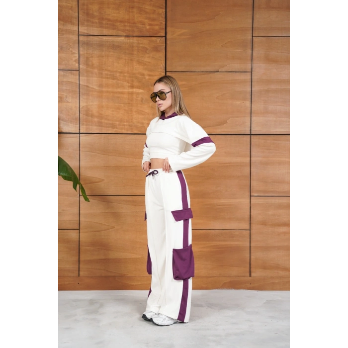Cep Detaylı Özel Tasarım Eşofman Takımı Beyaz - Mor