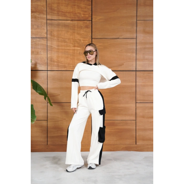 Cep Detaylı Özel Tasarım Eşofman Takımı Beyaz - Siyah