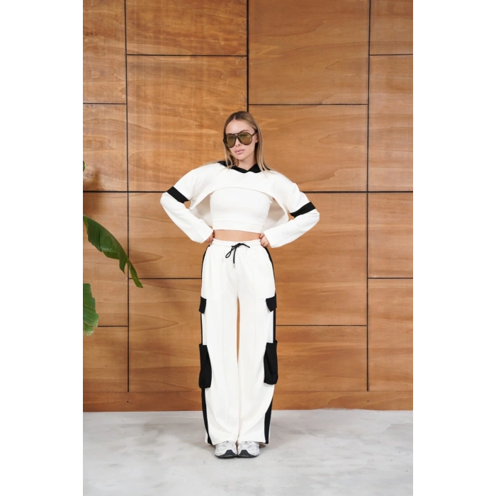 Cep Detaylı Özel Tasarım Eşofman Takımı Beyaz - Siyah