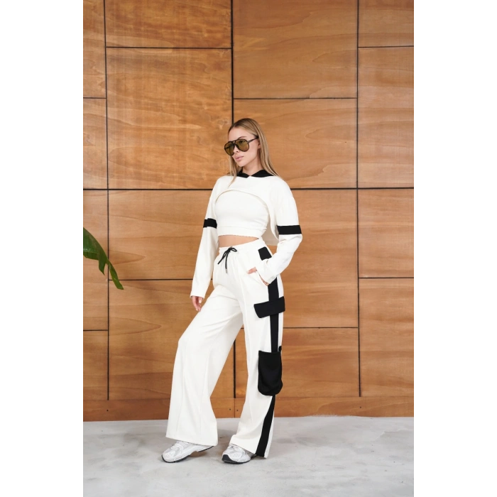 Cep Detaylı Özel Tasarım Eşofman Takımı Beyaz - Siyah