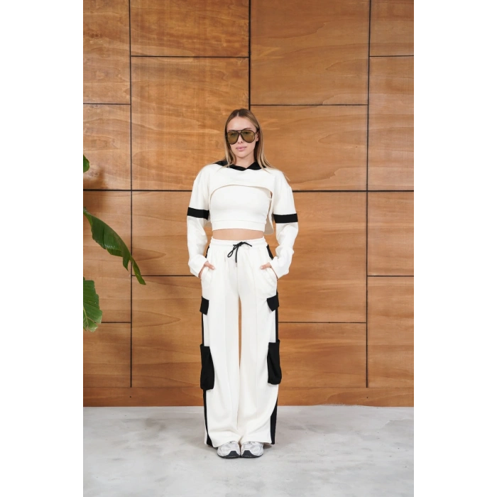 Cep Detaylı Özel Tasarım Eşofman Takımı Beyaz - Siyah
