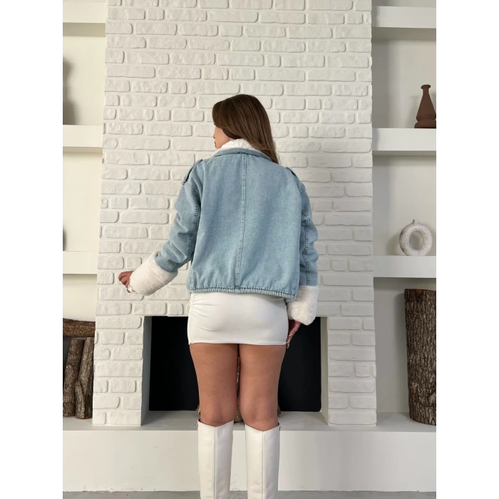 Cep Detaylı Peluş Denim Ceket Mavi