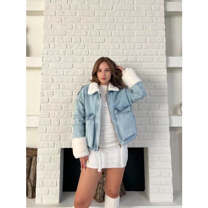 Cep Detaylı Peluş Denim Ceket Mavi