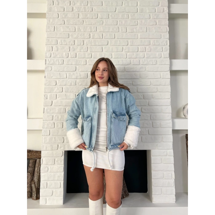 Cep Detaylı Peluş Denim Ceket Mavi
