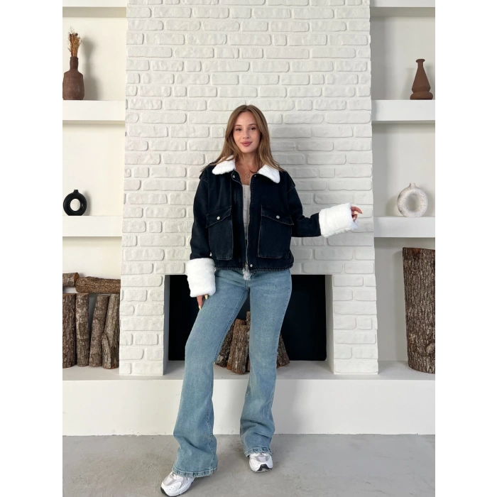 Cep Detaylı Peluş Denim Ceket Siyah