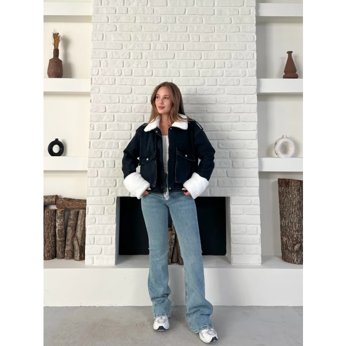 Cep Detaylı Peluş Denim Ceket Siyah