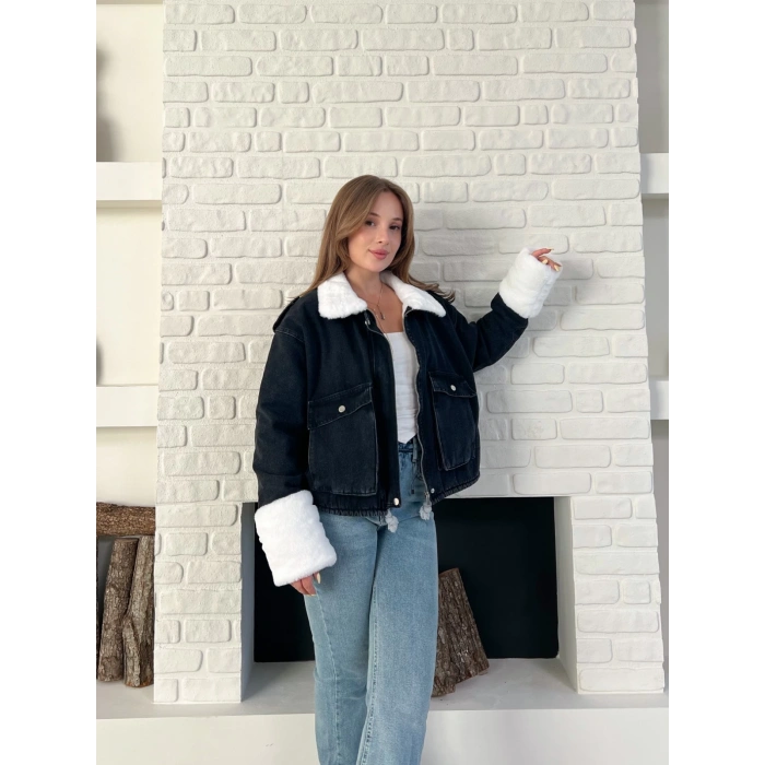Cep Detaylı Peluş Denim Ceket Siyah