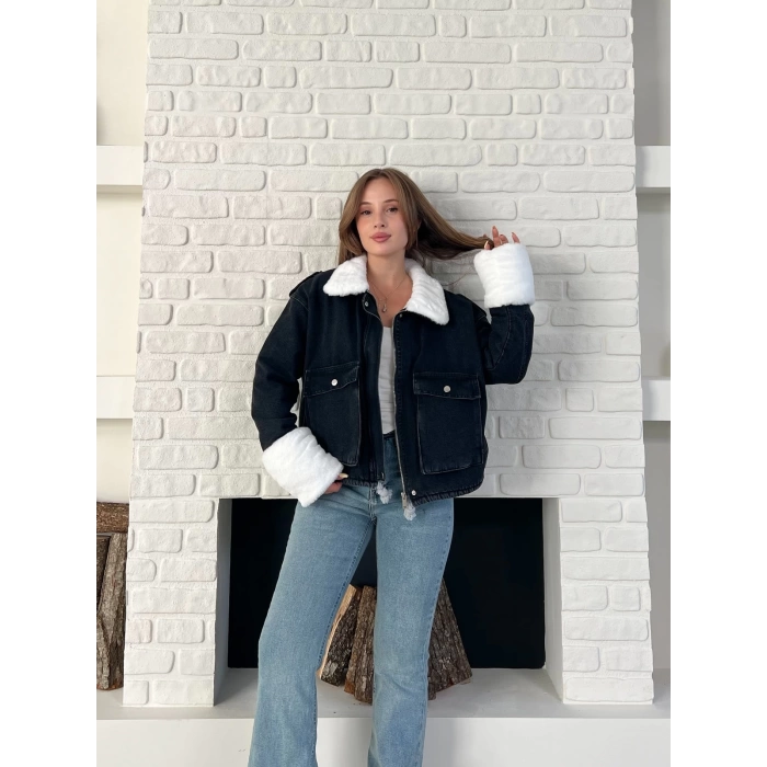 Cep Detaylı Peluş Denim Ceket Siyah