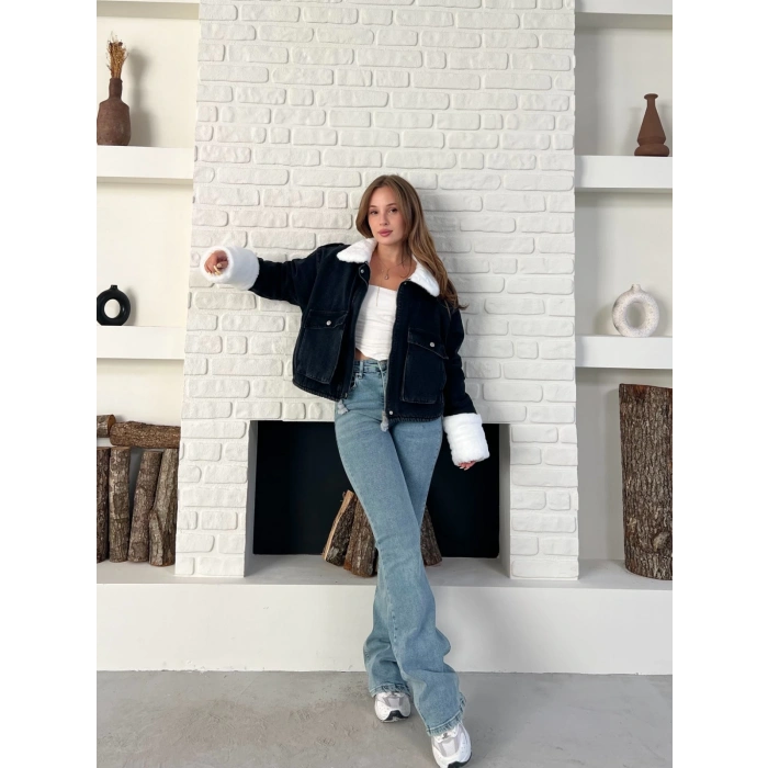 Cep Detaylı Peluş Denim Ceket Siyah