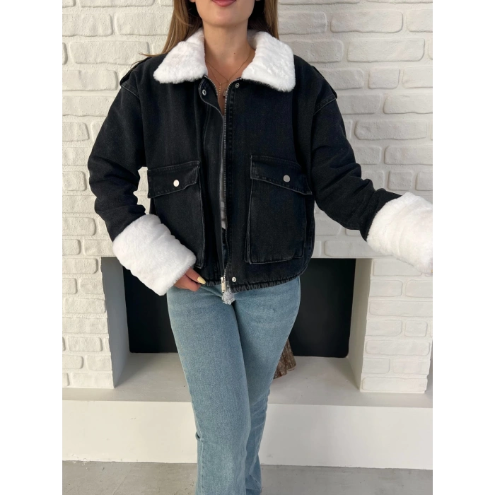 Cep Detaylı Peluş Denim Ceket Siyah