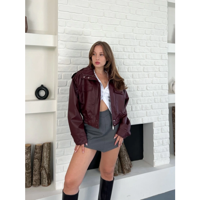 Cep Detaylı Tasarım Deri Ceket Bordo