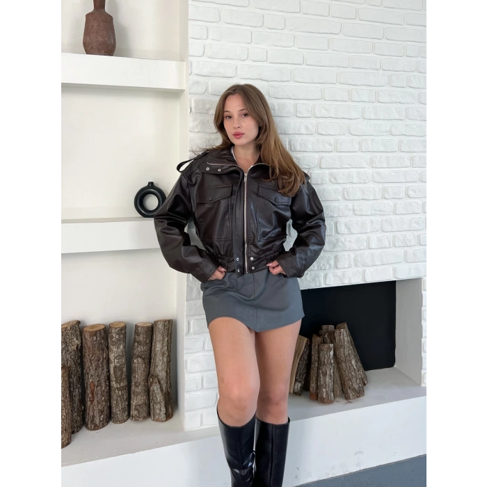 Cep Detaylı Tasarım Deri Ceket Kahve