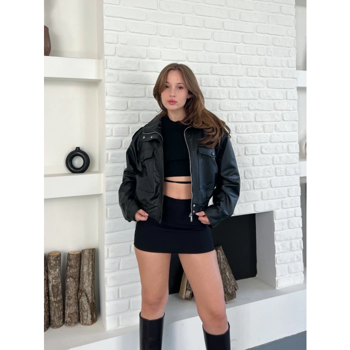 Cep Detaylı Tasarım Deri Ceket Siyah