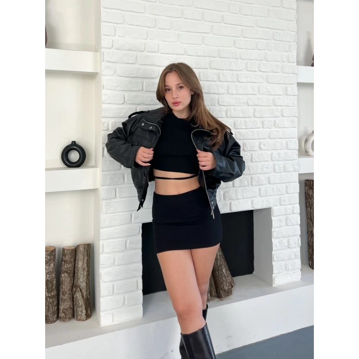 Cep Detaylı Tasarım Deri Ceket Siyah