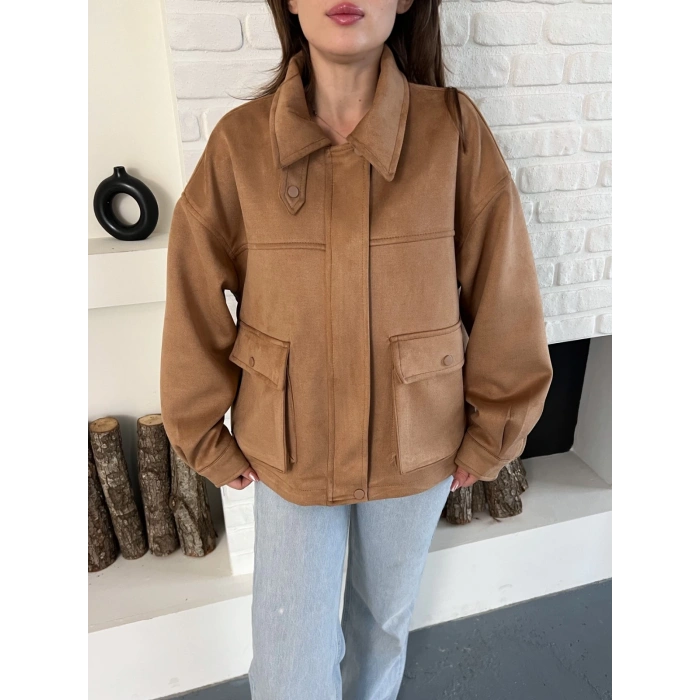 Cep Detaylı Viral Nubuk Ceket Camel