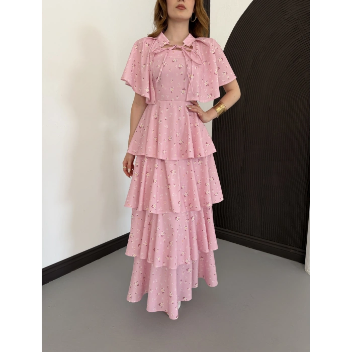 Çicek Desenli Katkat Pelerinli Elbise Pembe