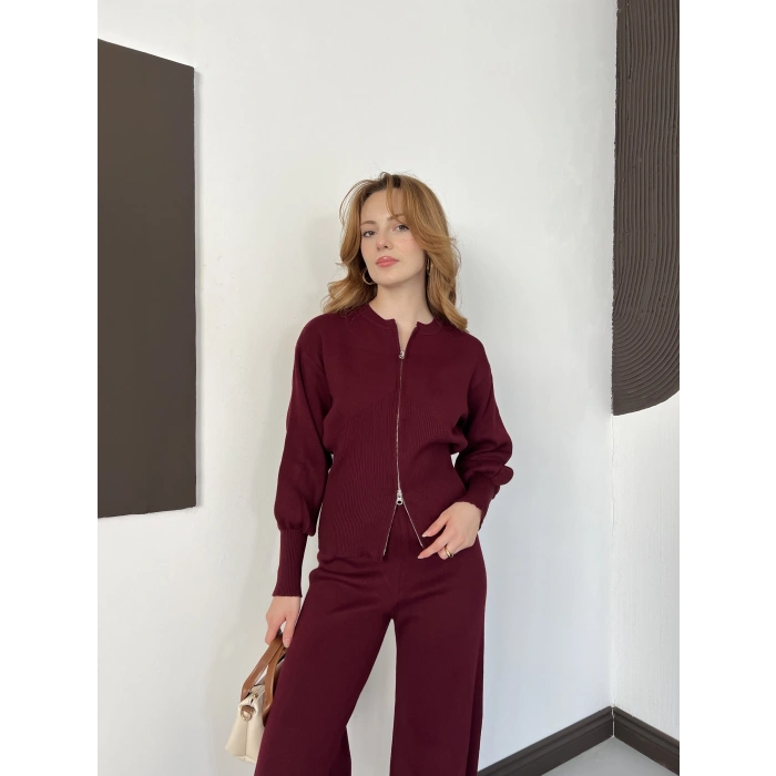 Çift Fermuar Detaylı Triko Takım Bordo