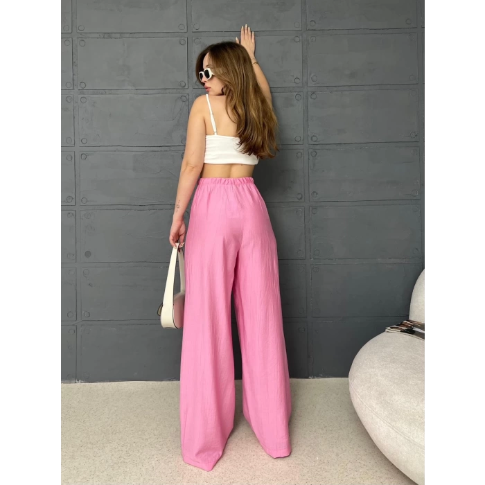 Çilek Kumaş Salaş Pantolon Pembe