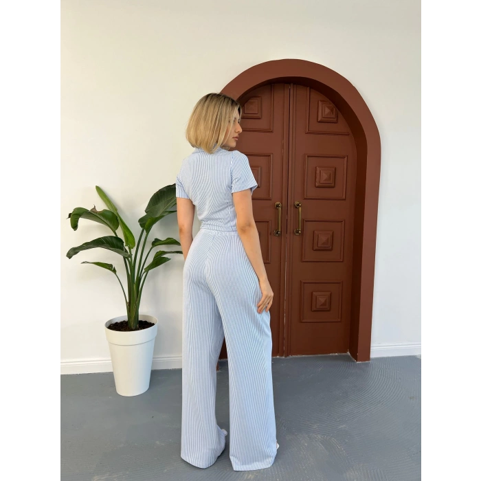 Çizgi Detaylı Pantolonlu Takım Mavi