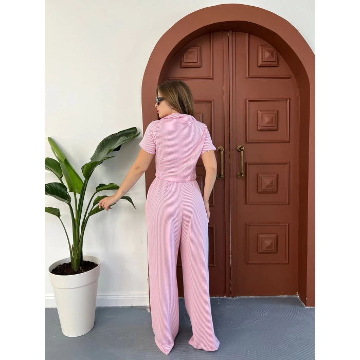 Çizgi Detaylı Pantolonlu Takım Pembe