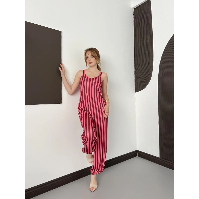 Çizgi Desen Askılı Salaş Tulum Fuşya