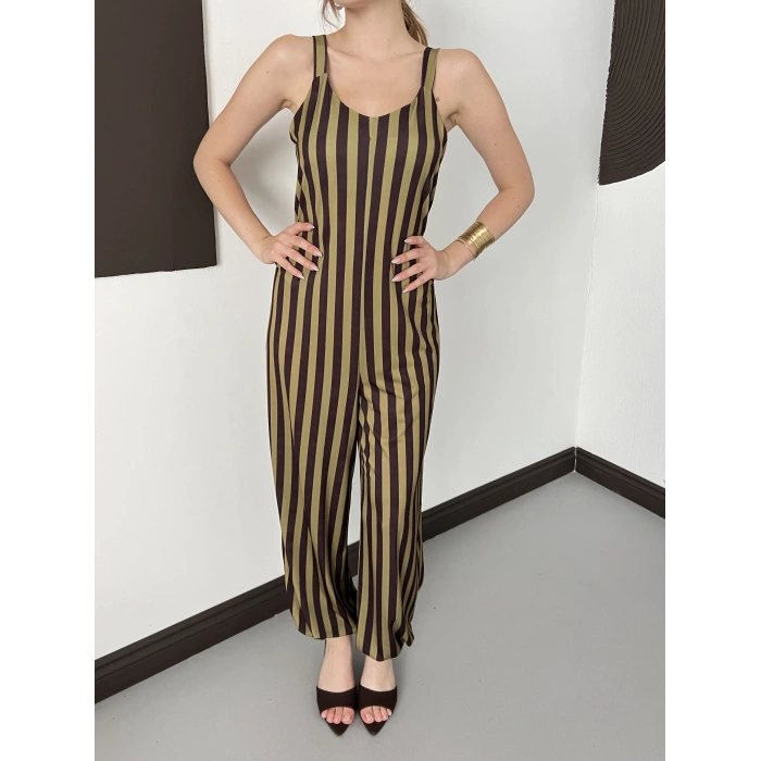 Çizgi Desen Askılı Salaş Tulum Haki