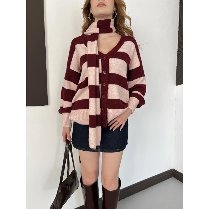 Çizgi Desen Şal Detaylı Triko Hırka Bordo