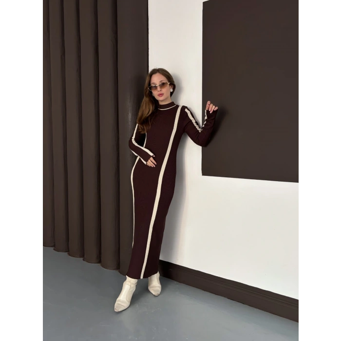 Çizgi Desen Triko Elbise Acı Kahve