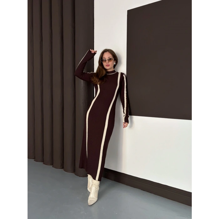 Çizgi Desen Triko Elbise Acı Kahve