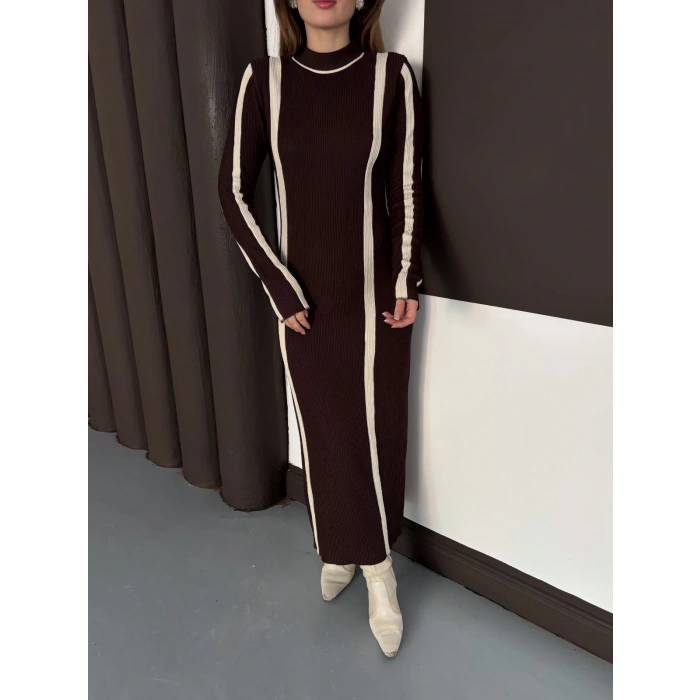 Çizgi Desen Triko Elbise Acı Kahve