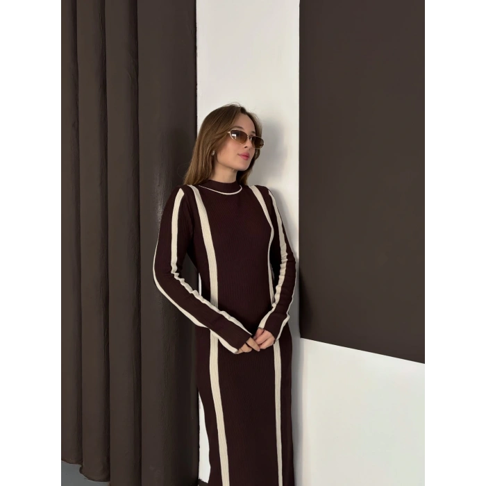 Çizgi Desen Triko Elbise Acı Kahve