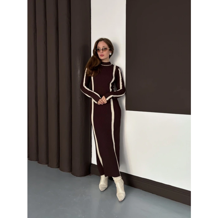 Çizgi Desen Triko Elbise Acı Kahve