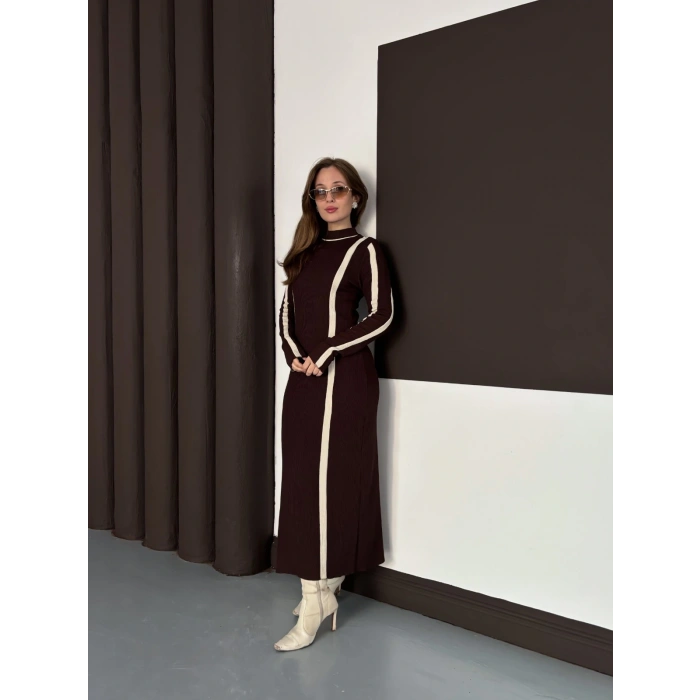 Çizgi Desen Triko Elbise Acı Kahve