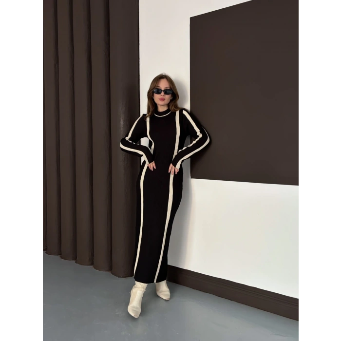 Çizgi Desen Triko Elbise Siyah