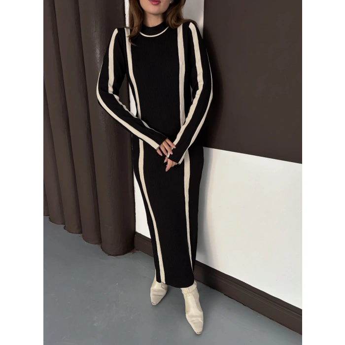 Çizgi Desen Triko Elbise Siyah