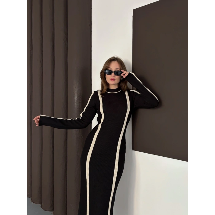 Çizgi Desen Triko Elbise Siyah