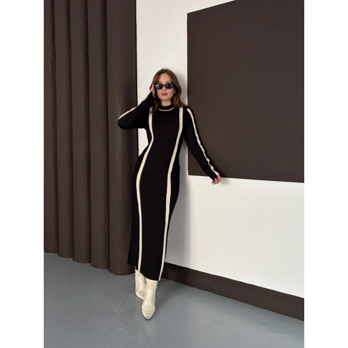 Çizgi Desen Triko Elbise Siyah