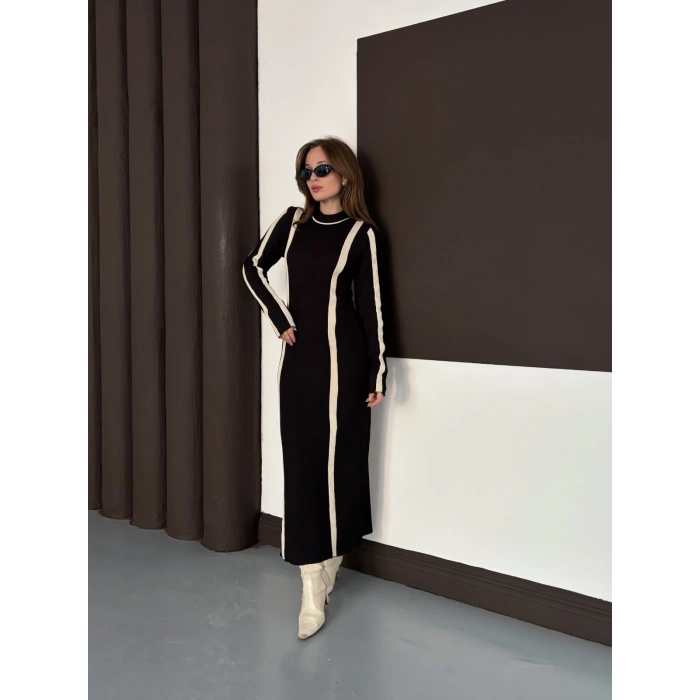 Çizgi Desen Triko Elbise Siyah