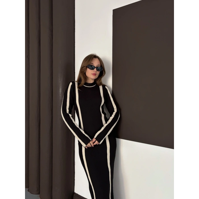 Çizgi Desen Triko Elbise Siyah