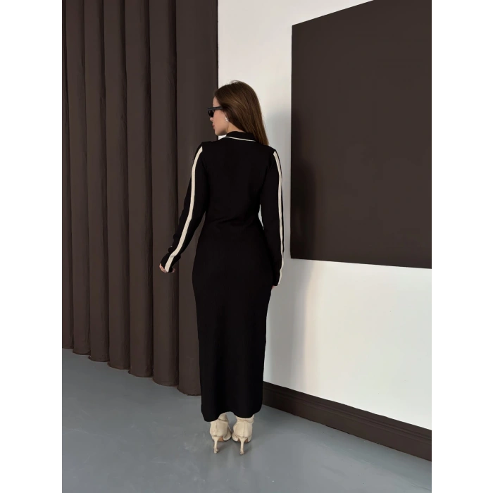 Çizgi Desen Triko Elbise Siyah