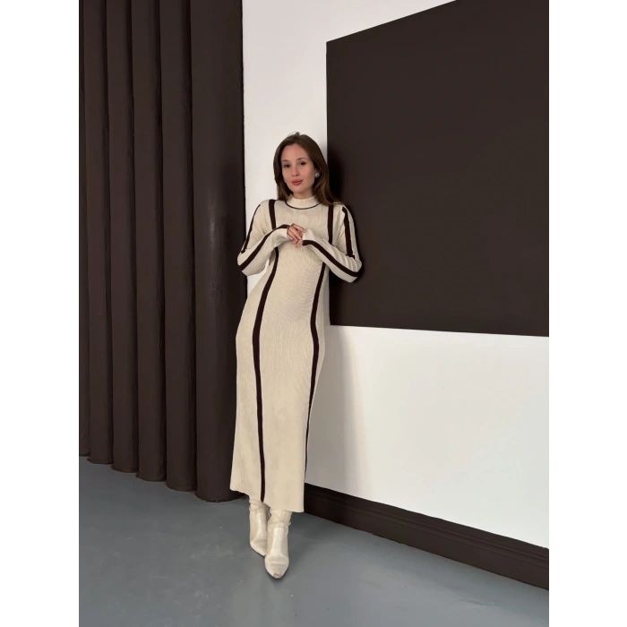 Çizgi Desen Triko Elbise Taş