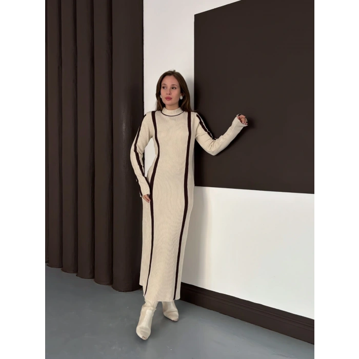 Çizgi Desen Triko Elbise Taş