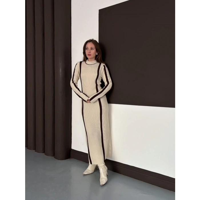 Çizgi Desen Triko Elbise Taş